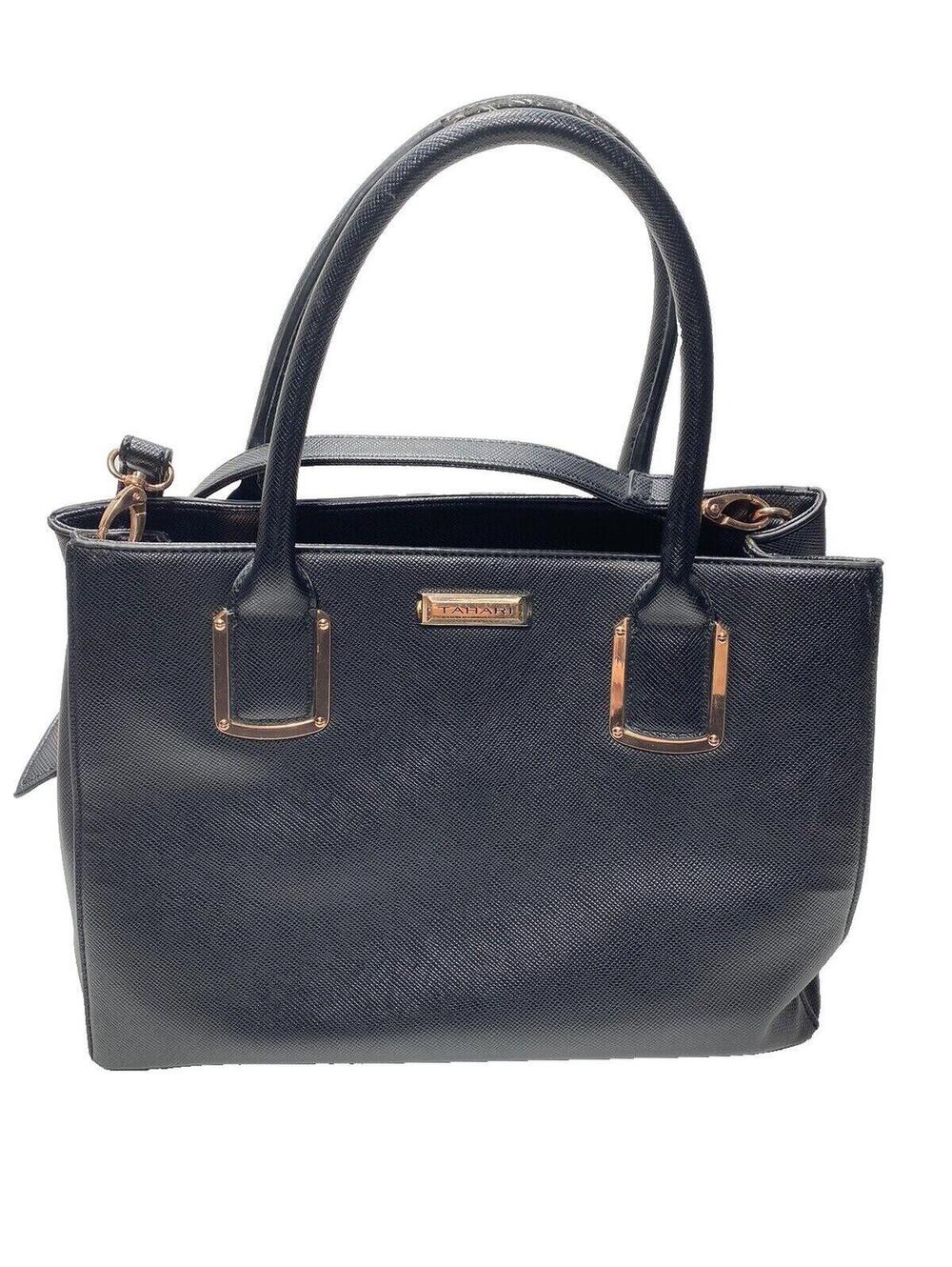 Tahari Purse -Black Leather Designer Hangbag- As is condition (tear on handles)